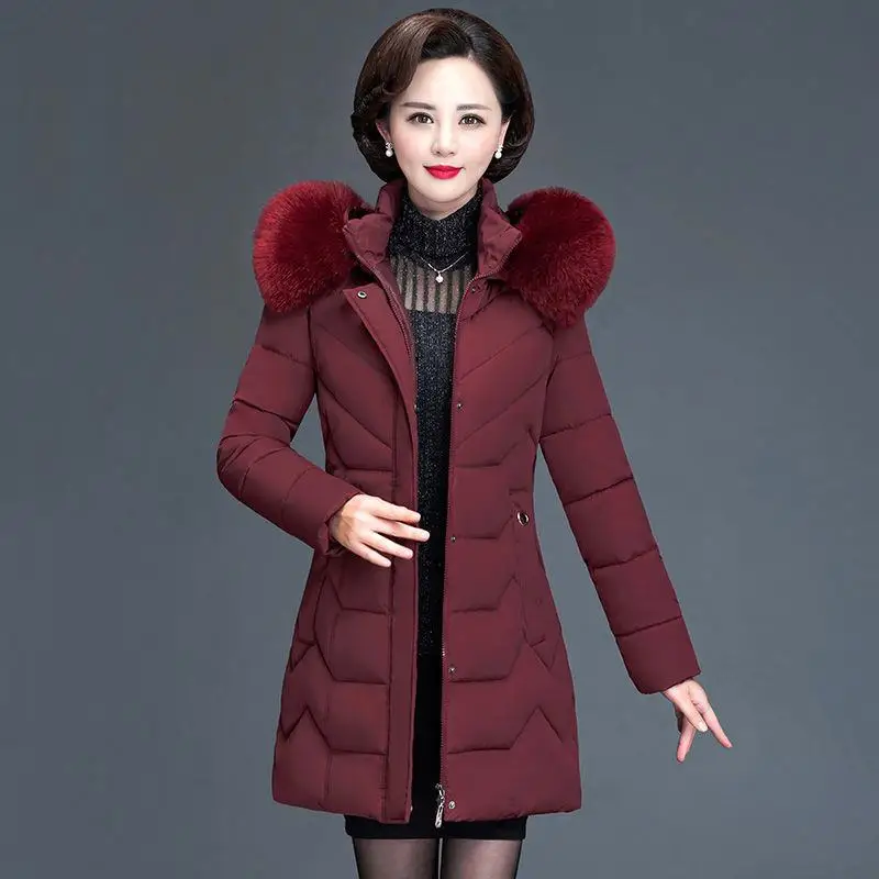 wine red Женское зимнее Стеганое пальто из искусственного меха года, женское утепленное длинное пальто с хлопковой подкладкой, парка-пуховик Abrigo Mujer Z03 - Цвет: wine red