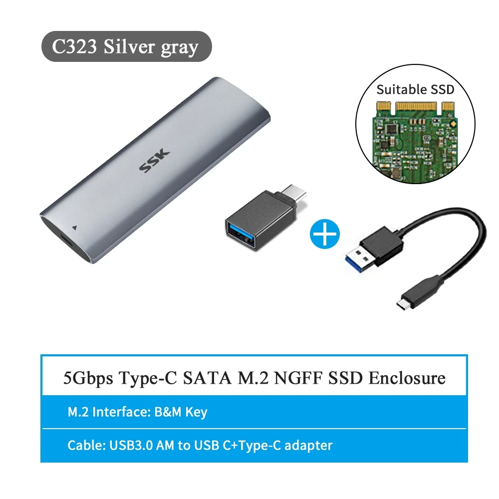 SSK M.2 SSD Case  NVME Enclosure M.2 to USB Type C 3.1 SSD Adapter for NVME PCIE or NGFF SATA based M key (M+B) key M.2 SSD Box box hdd external 2.5 HDD Box Enclosures