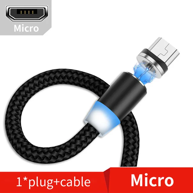 1 м нейлоновый Магнитный usb-кабель для apple iphone android СВЕТОДИОДНЫЙ 8-контактный кабель для быстрой зарядки type C Магнитный зарядный кабель микро-usb провод - Цвет: Black For Android