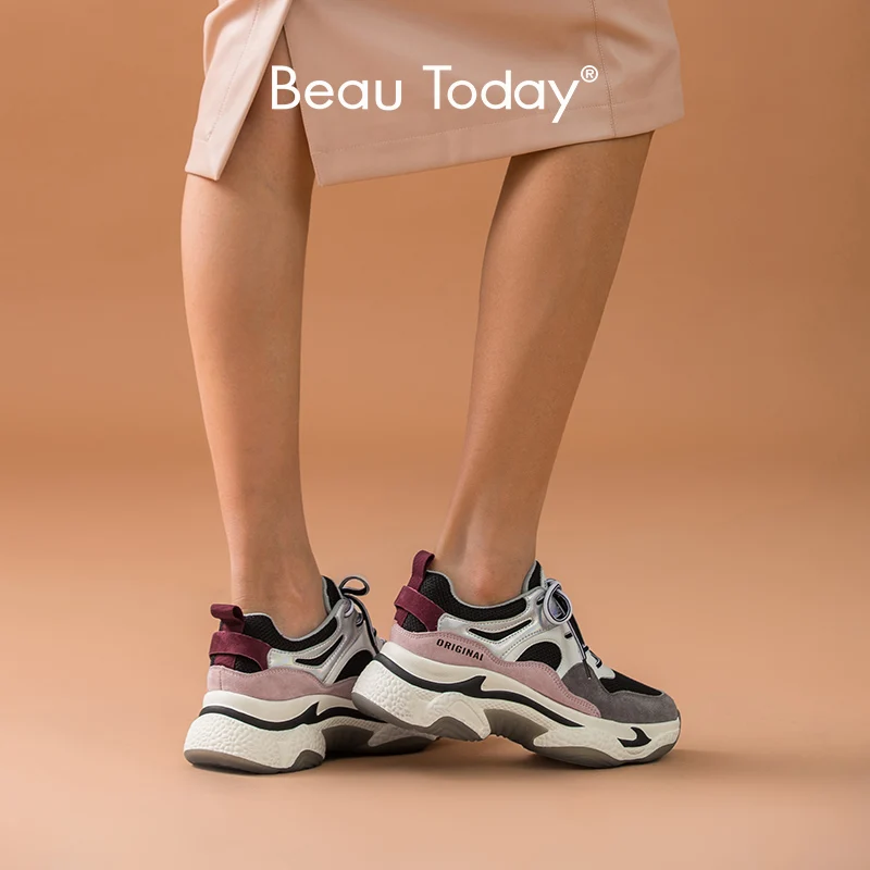 BeauToday/женские кроссовки из коровьей кожи Модная обувь для папы Сетчатая цветная с
