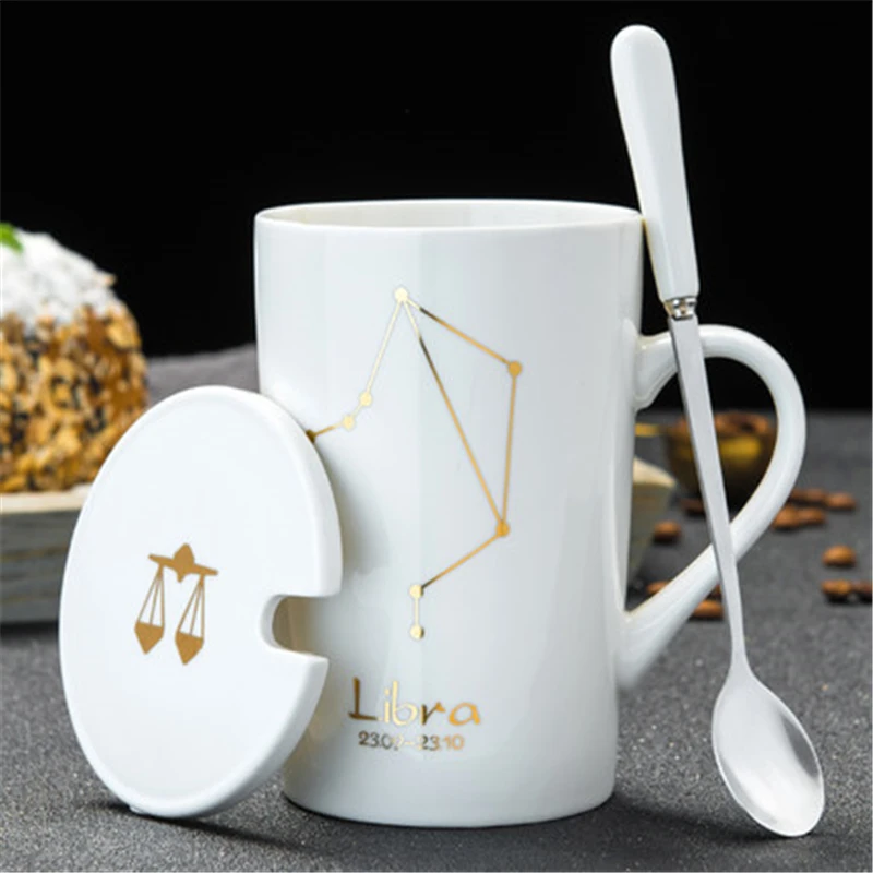 Модные креативные керамические кружки 12 созвездий с ложкой и крышкой, фарфоровая кофейная чашка зодиака для молока 400 мл, посуда для воды - Цвет: Libra