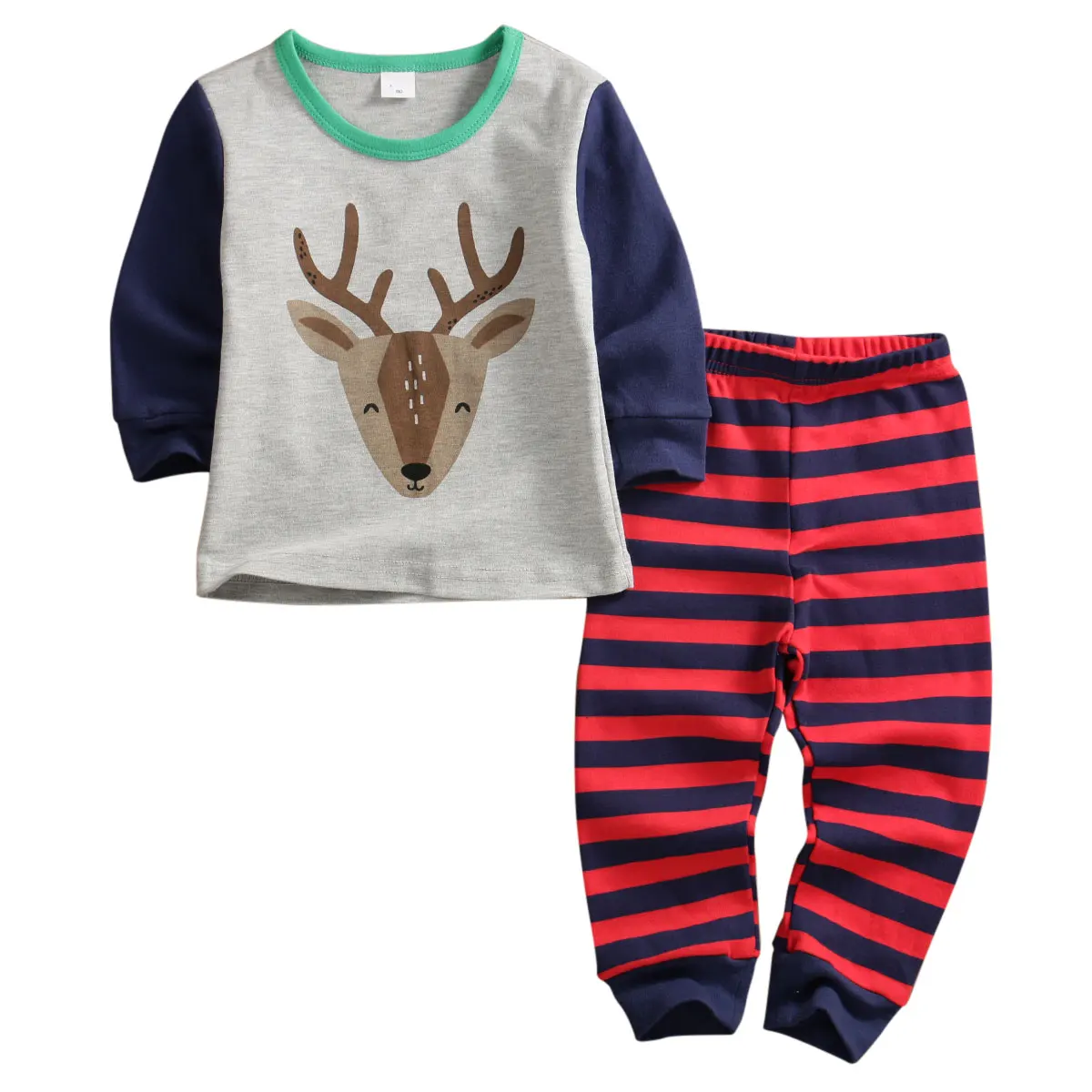 Рождественские пижамы для маленьких мальчиков и девочек пуловер с принтом из мультфильма топ+ штаны в полоску От 1 до 5 лет из 2 предметов - Цвет: A
