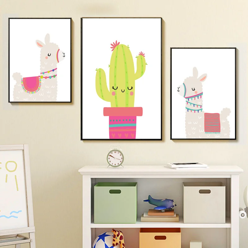 

Nursery Print Cartoon Llama Cactus Alpaca Wall Art Canvas Painting Picture Nordic Kid Room Posters and Prints Bedroom Decor