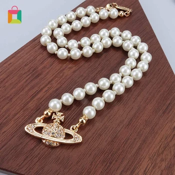 

New Elegant Pearl Necklaces for Women Saturn Pendant Necklace Long Chain Jewelry Party Gifts Glittery