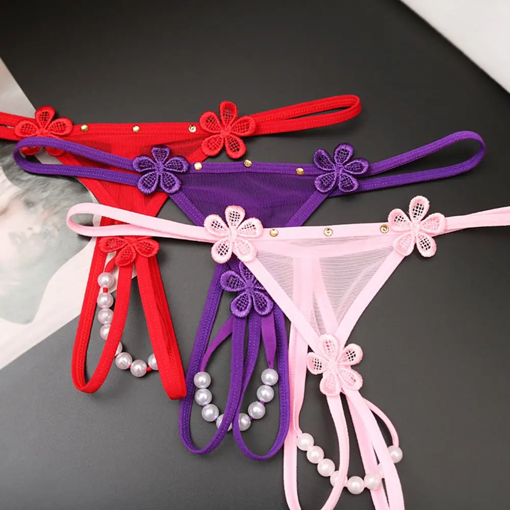 Vintage Hollow Heartshaped Pearl Crotch Women Thongs Transparent