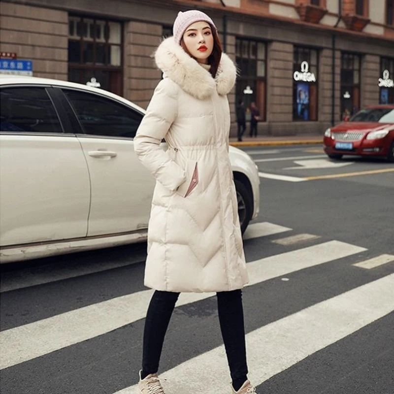 

New Arrival Korea Fashion Winter Jacket Padded Warm Padded Coat Thicken Slim Long Coats Big Fur Collar Hooded Casual Parkas D271