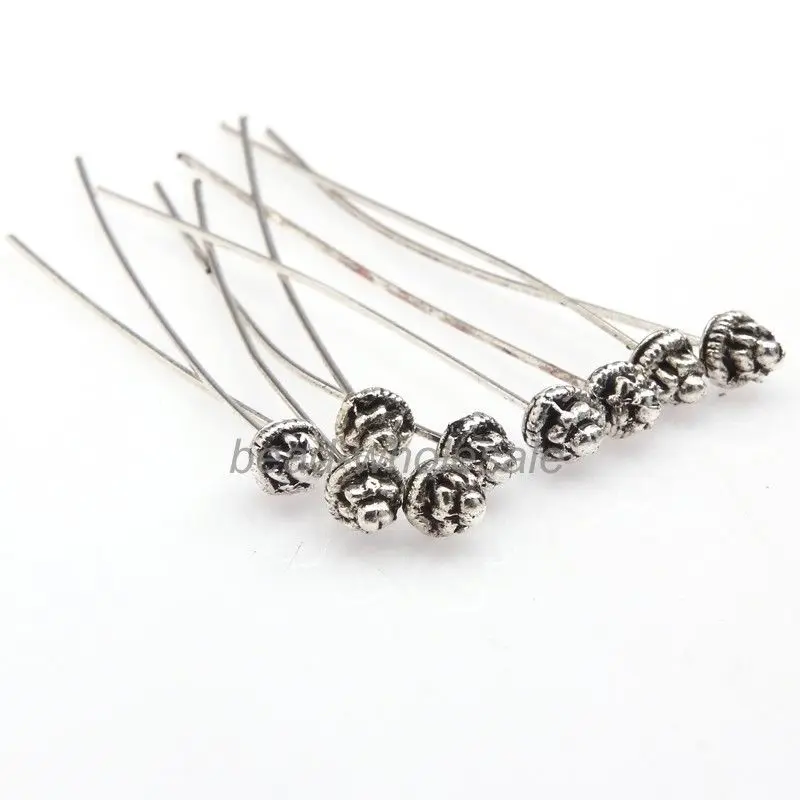 20 штук Классическая Стиль старину Серебряный/золотой цветок с длинной головкой булавки для изготовления ювелирных изделий 55x5 мм - Цвет: silver