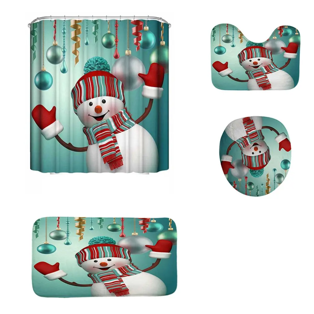 

Christmas Cartoon Snowman Waterproof Shower Curtain Pedestal Rug Toilet Cover Mat Carpet Set Bathroom Accessory