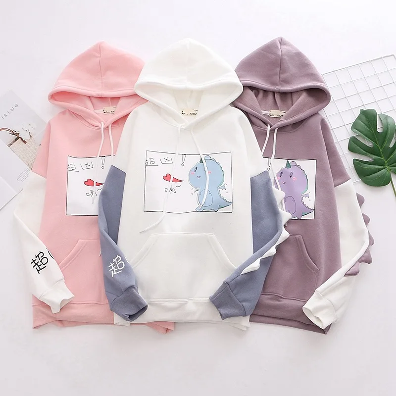 Осень Зима Лоскутная Толстовка с капюшоном для женщин Harajuku мультфильм Динозавр печати толстые толстовки студентов сладкий флис теплый пуловер
