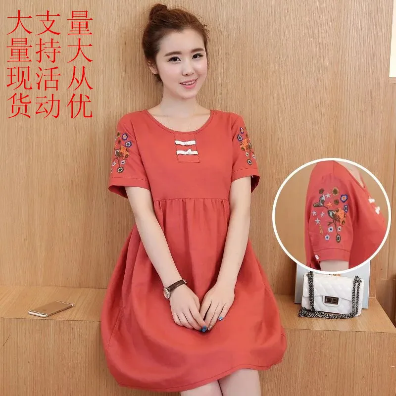 

Maternity Clothes 2019 Summer New Style Korean-style Fashion Retro Cotton Linen Embroidered Pregnant Women Dress