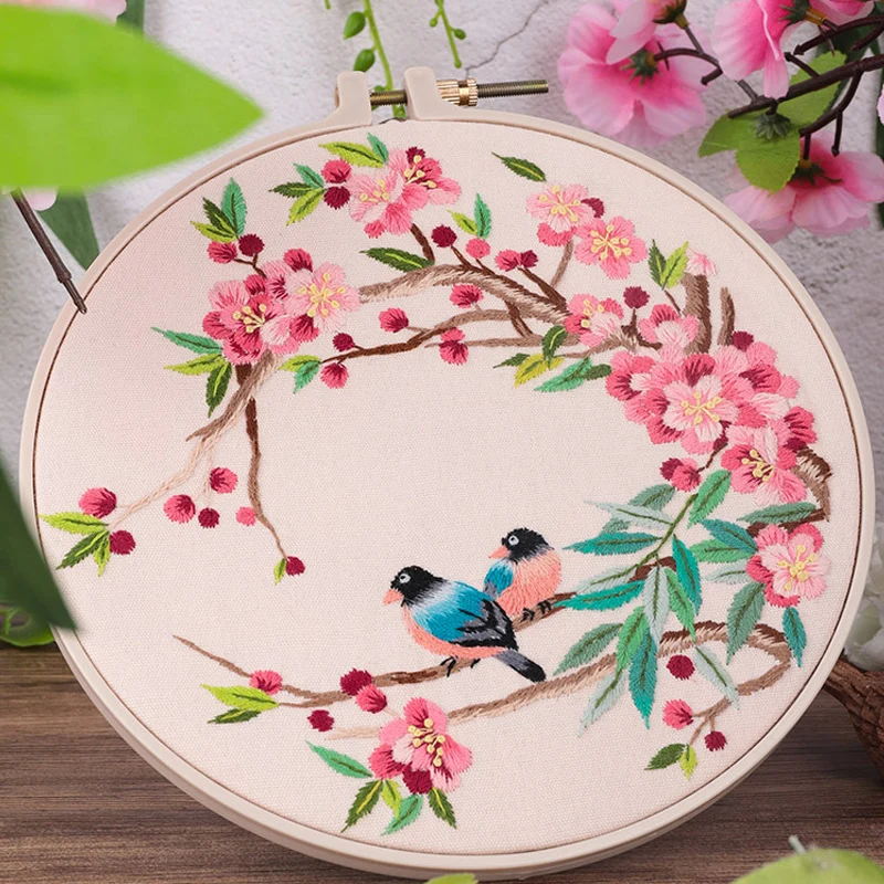 DIY Flower Pattern Printed Embroidery Kit Embroidery Hoop Cross Stitch Needlework Handmade Sewing Art Craft Painting Home Decor