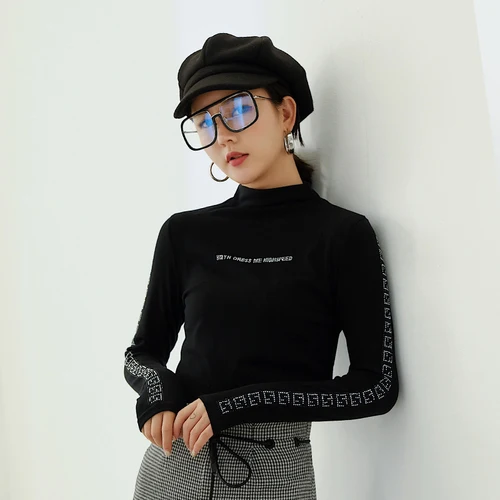 black Новые осенне-зимние женские футболки с алмазным узором, полуводолазка с длинными рукавами, женские футболки, sukienka damka, корейский стиль - Цвет: black