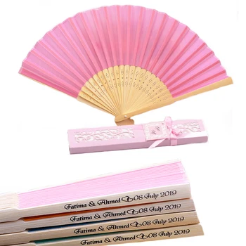 

50pcs / lot custom luxurious silk folding fan in elegant laser cut gift box + party favors / wedding gifts + Silk screen