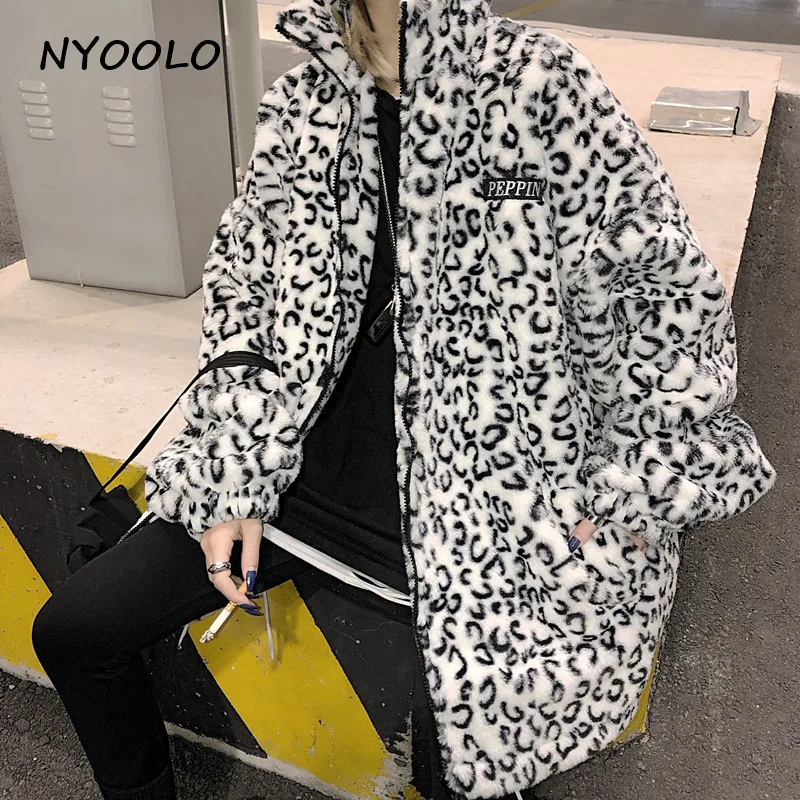 NYOOLO Harajuku уличный стиль леопардовые утолщенные теплые куртки осень-зима свободные длинные рукава на молнии куртка женская Свободная верхняя одежда