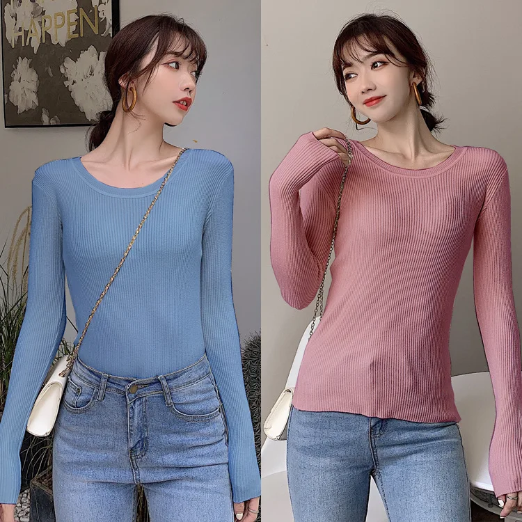 

2020 Autumn and Winter New Style WOMEN'S Sweater Korean-style Women's Solid Color Knit Low Waist Jersey Core-Spun Yarn Long-Slee