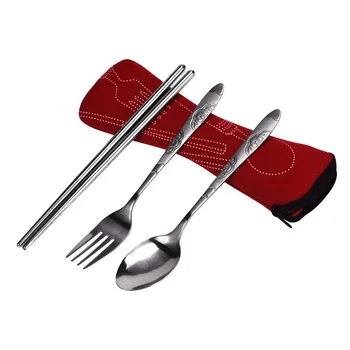 

3pcs/1set Stainless Steel Spoon Chopsticks Fork Cutlery Set Portable Camping Bag Picnic Outdoor Tableware