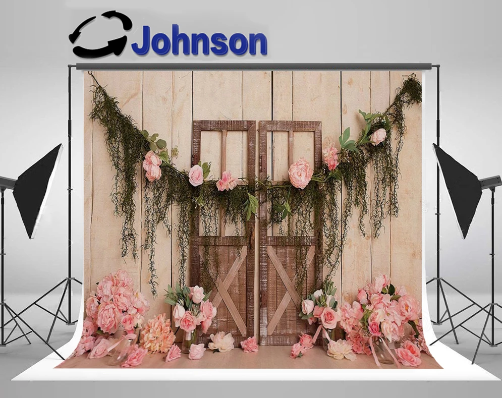 

Discount Pink Flower Floral Old Wooden Door Wall Birthday Baby Newborn backdrops Computer print party background