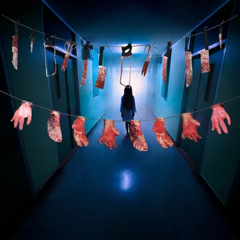

2pcs Scary Home Decor Festival Garland Halloween Banner Bloody Hands And Feet Halloween Party Banner Decorations