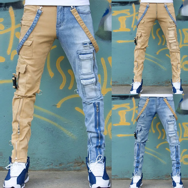 

Patchwork Jeans Men Washed Skinny Jeans Men's Trendy Slim Straight Trousers Zipper Cargo Pants Boys Fashion Street Hip Hop Pants