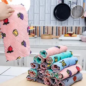 

10Pcs Square Rag Cleaning Cloth Cartoon Print Velvet Double-sided Kitchen Dish Towel Cloth Rags Kitchen Tool