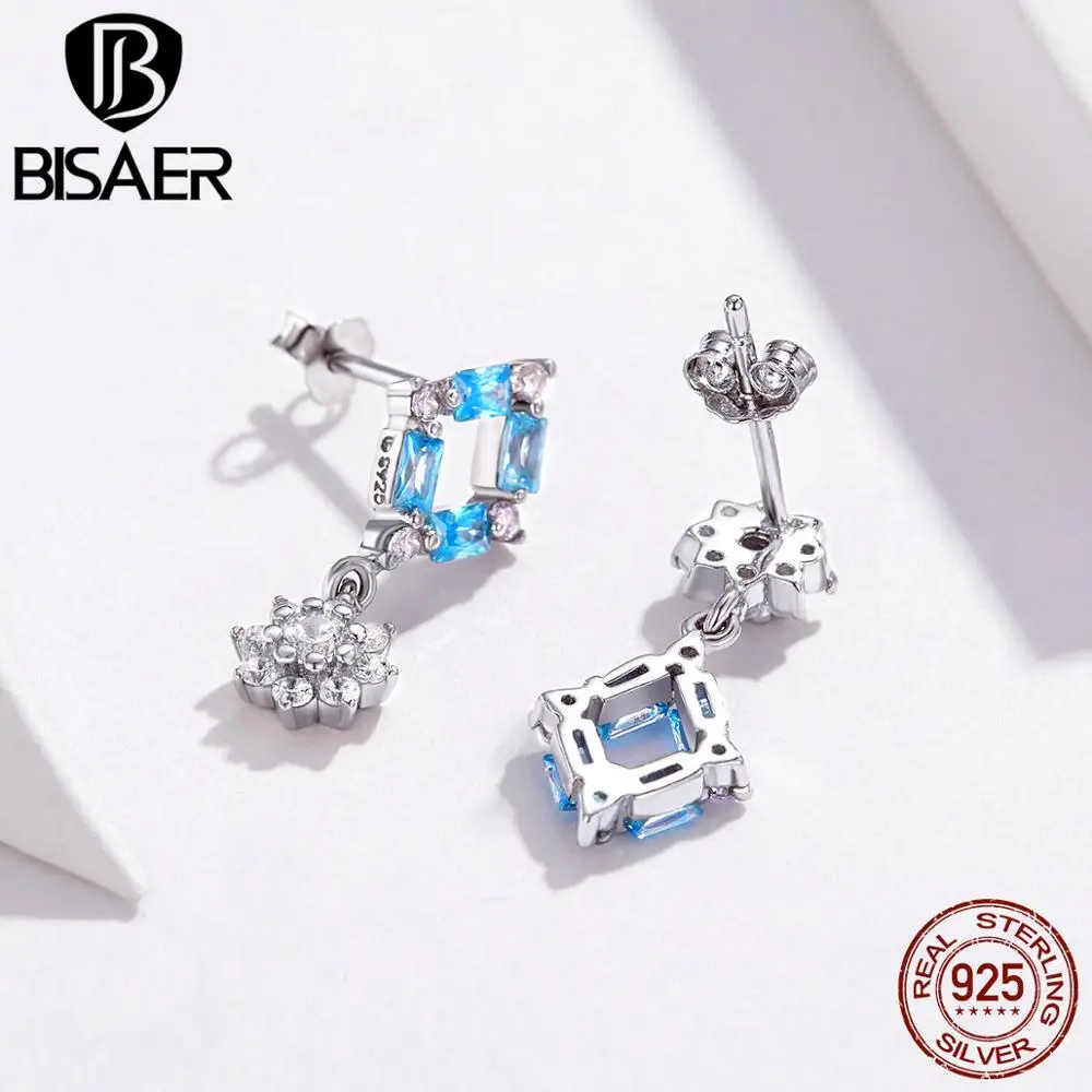 BISAER, серьги в стиле барокко, 925 пробы, серебро, AAA, циркон, синий цвет, стильные цветы, для женщин, вечерние, свадебные украшения, Brincos GAE200