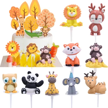 

Forest Jungle Party Cake Topper Cartoon Fox Lion Felt Tree Animal Cupcake Toppers For Baby Shower Kids Birthday Cake Decoration