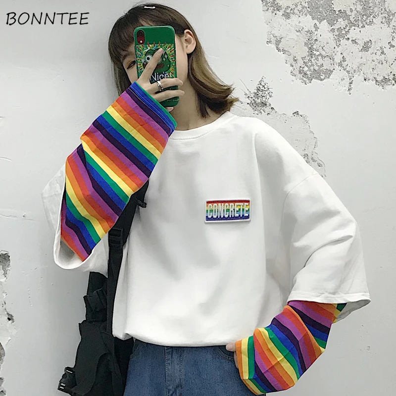 Permalink to Hoodies Women Ulzzang Fake Two Pieces Sweet Rainbow Striped Womens Harajuku Hoodie Chic Patchwork White Oversized Soft Lady Tops