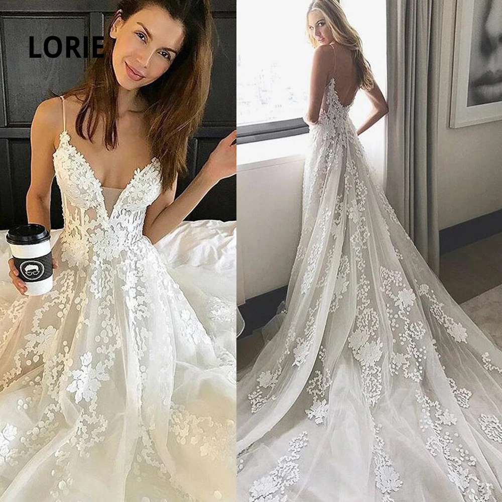 

LORIE Long Train Wedding Dresses Lace Appliqued Soft Tulle Bridal Gowns Sexy V-neck Spaghetti Strap Wedding Party Dress Plus Siz