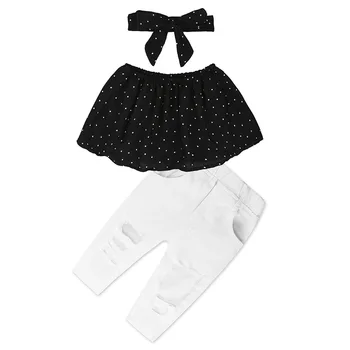 

Summer Cute Outfit 3PCS Sleeveless Polka Dot Tops Denim Hole Pants Jeans Headband Clothing Toddler Kids Baby Girl Clothes Set