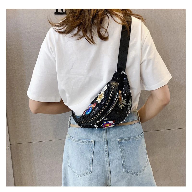

PU New Sequins Women Fanny Pack Girls Shoulder Belt Bags Fashionable Glitter Waist Bag Chest Hip Purse Satchel Gift Pouch Black