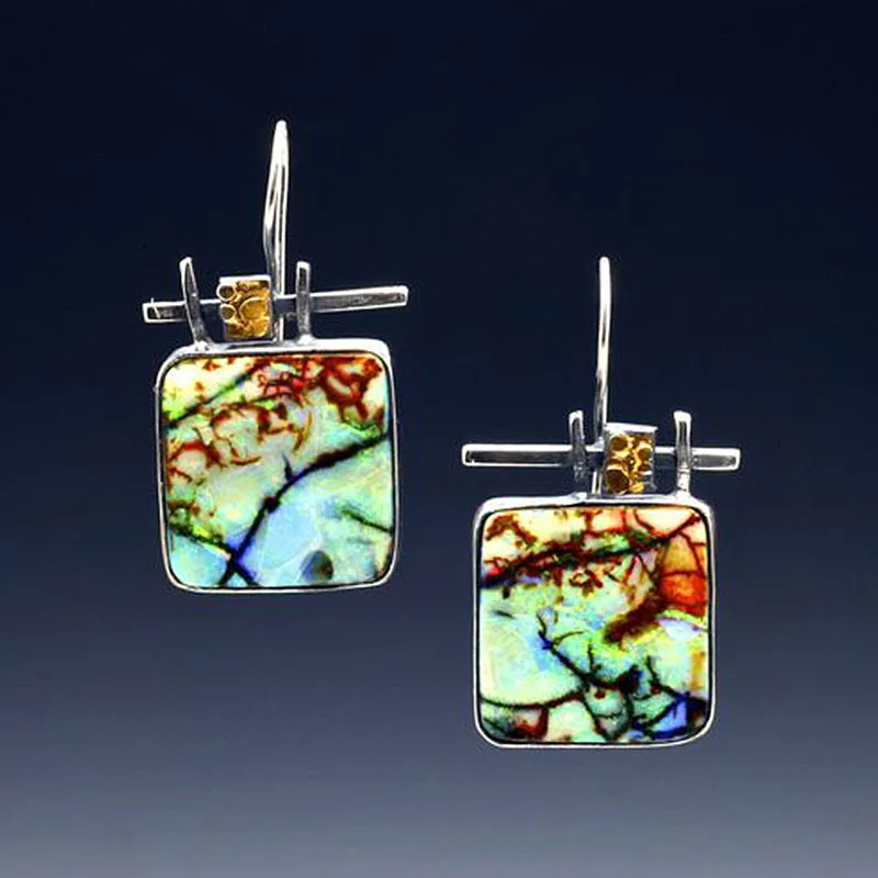 

Ethnic Gypsy Branch Pattern Resin Earring For Women Mystic Fantasy Two Tone Square Colorful Drop Earrings Vintage Jewelry Z4D293