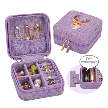 

Protable Deer Embroidered Wooden Travel Storage Box Rings Necklace Organizer Multi-function Jewelry Display Zipper Case