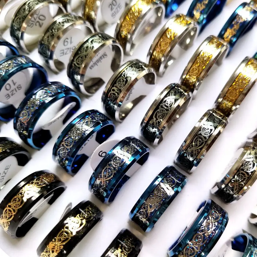Bulk lots 50pcs Assorted Dragon Rings 8 Styles Mix Vintage Jewelry Party Gift Stainless Steel Mens Wedding Bands 3