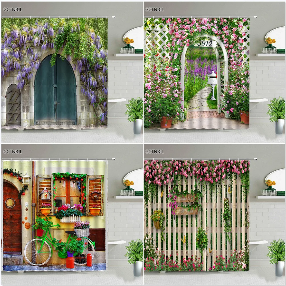 

Деревенский маленький городской уличный пейзаж, набор штор для душа, коврики для ванной, коврики в стиле ретро с цветами, растениями, экран для ванной, коврик для входной двери