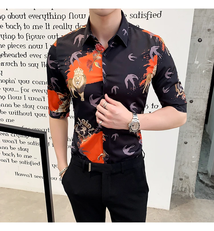 Рубашки с принтом Мужские повседневные приталенные рубашки Camisa Masculina рубашка с рукавом семь частей Красивая уличная одежда Camisas Feminina