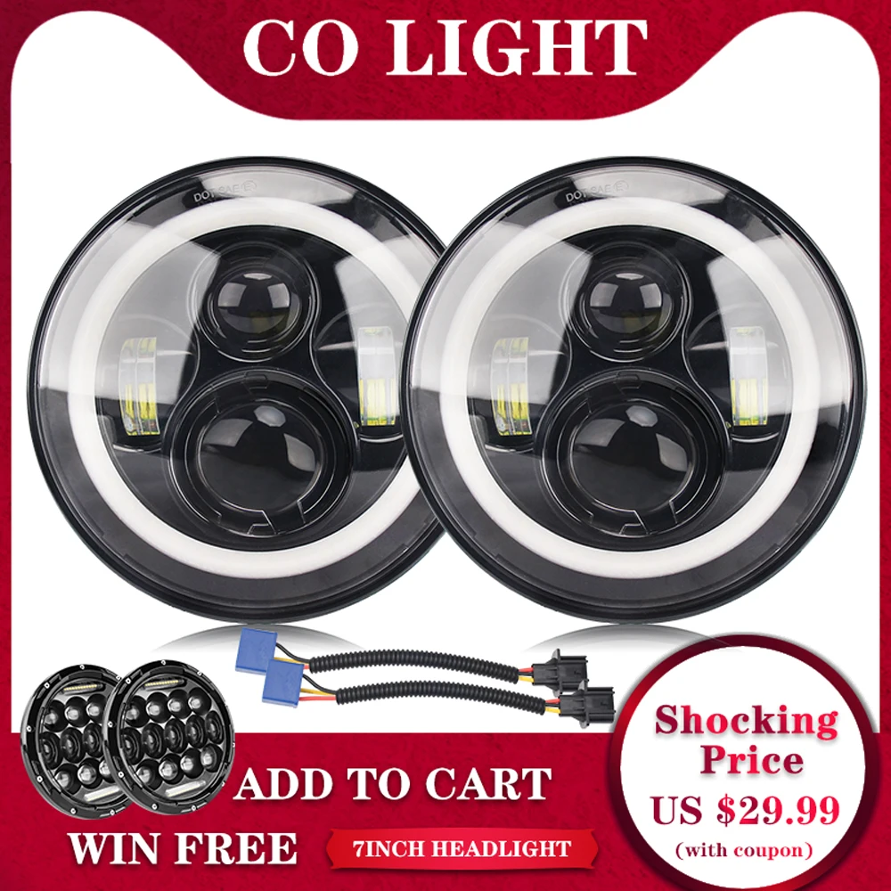 Online Es La luz de 7 pulgadas faro LED de 80W DRL Halo ángulo ojos Led faro 12V alta baja y haz para Jeep Wrangler TJ JK LJ Lada Niva Offroad