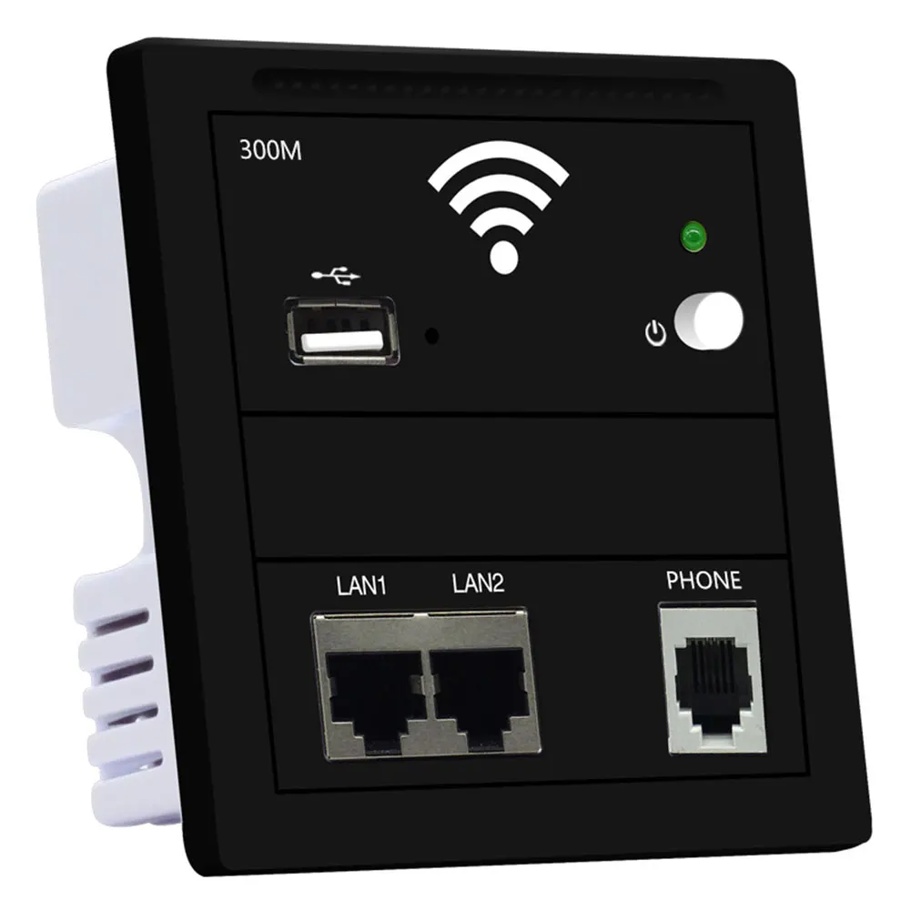Настенный беспроводной маршрутизатор 300 Мбит/с, аксессуары для отелей, usb зарядка, двойная LAN, Wi-Fi розетка, ABS 86 панель, ac220в, расширитель, повторитель - Цвет: Black