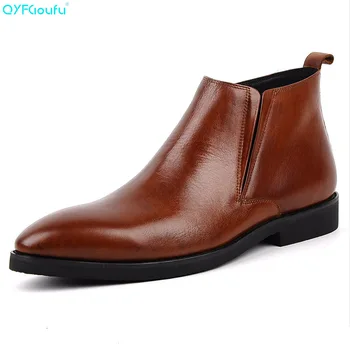 

QYFCIOUFU Fashion Men Dress Boots Genuine Leather High Quality Cow Leather Ankle Boots Buckle Black Brown Zipper Work Boots