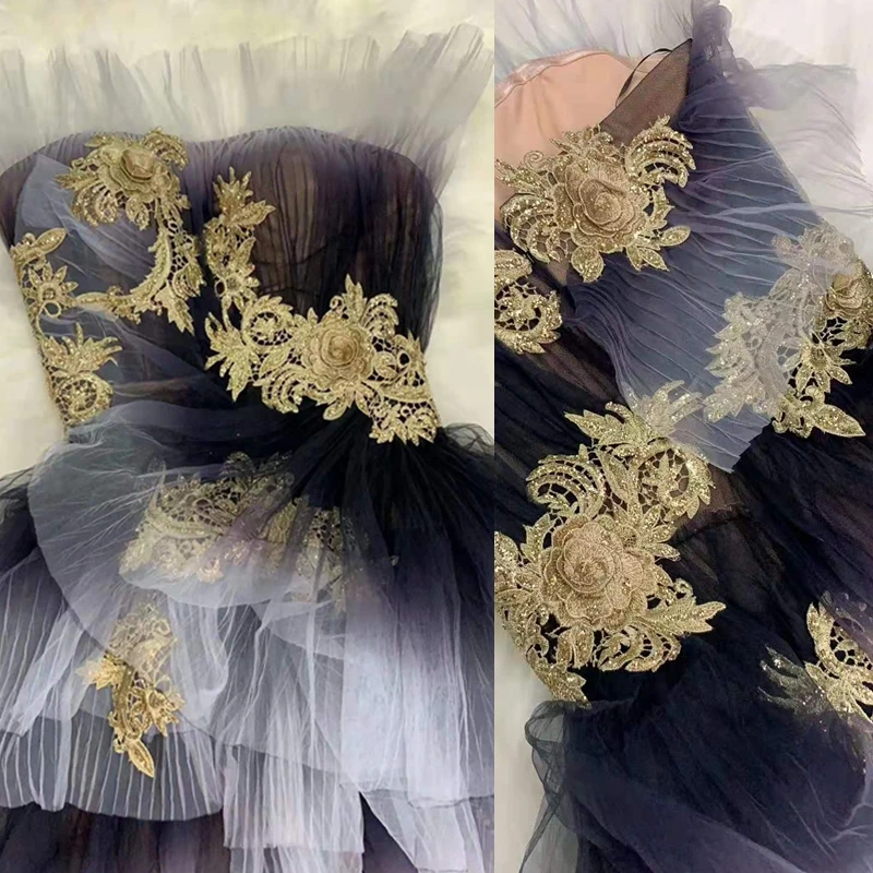 High Fashion Mesh Ruffles Strapless Black Gowns Celebrity Applique Slash Neck Sleeveless Elegant Evening Party Maxi Dresses