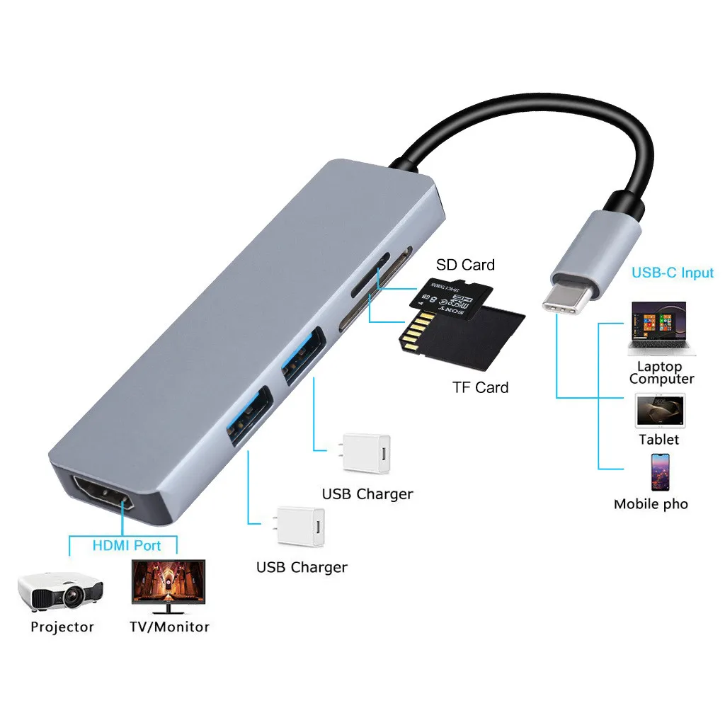 5 в 1 usb type C к 4K HDMI 2 USB 3,0 SD TF кард-ридер концентратор адаптер конвертер# BO