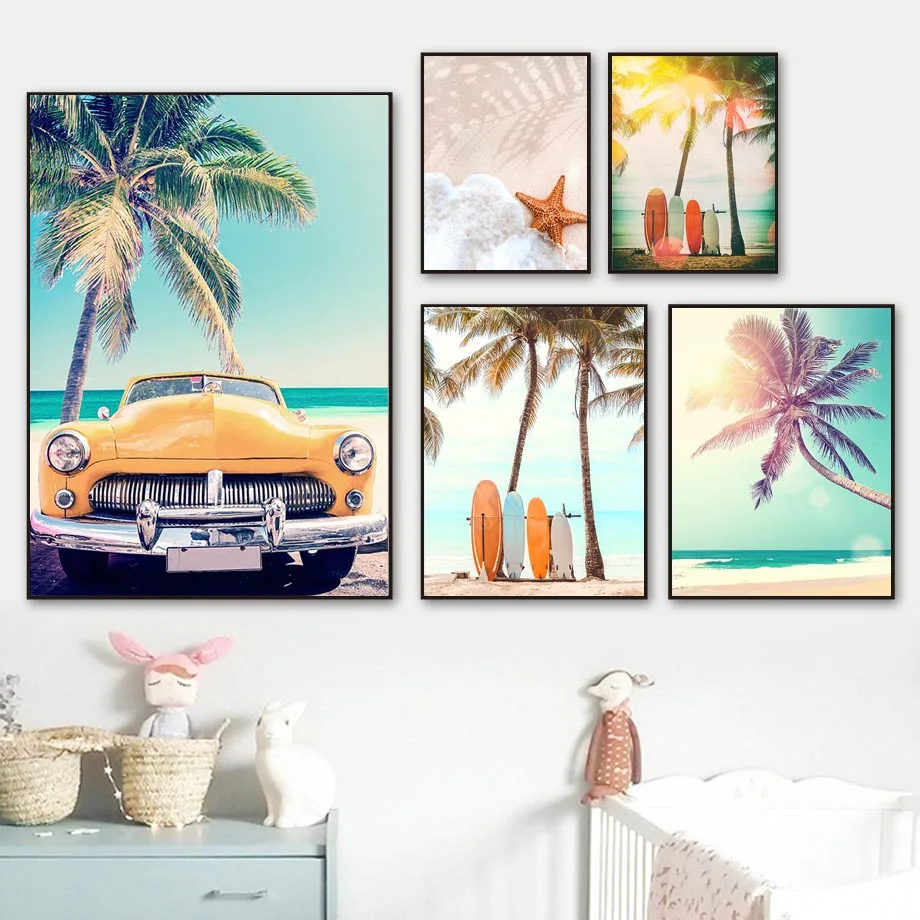 Beach-Surfboard-Coconut-Tree-Hammock-Car-Wall-Art-Canvas-Painting-Nordic-Posters-And-Prints-Wall-Pictures (1)