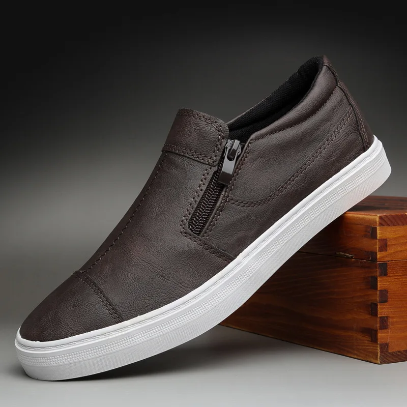 Men's Casual PU Leather Shoes Fashion Korean Shallow Mouth Shoes Slip on Men Loafers Zipper Flat Sneakers casual shoes sports shoes casual sneakers leather shoes running sneakers