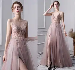 Новые Вечерние платья с v-образным вырезом, 2020, длина до пола, vestido de festa, Роскошные вечерние платья для выпускного вечера, розовые платья с