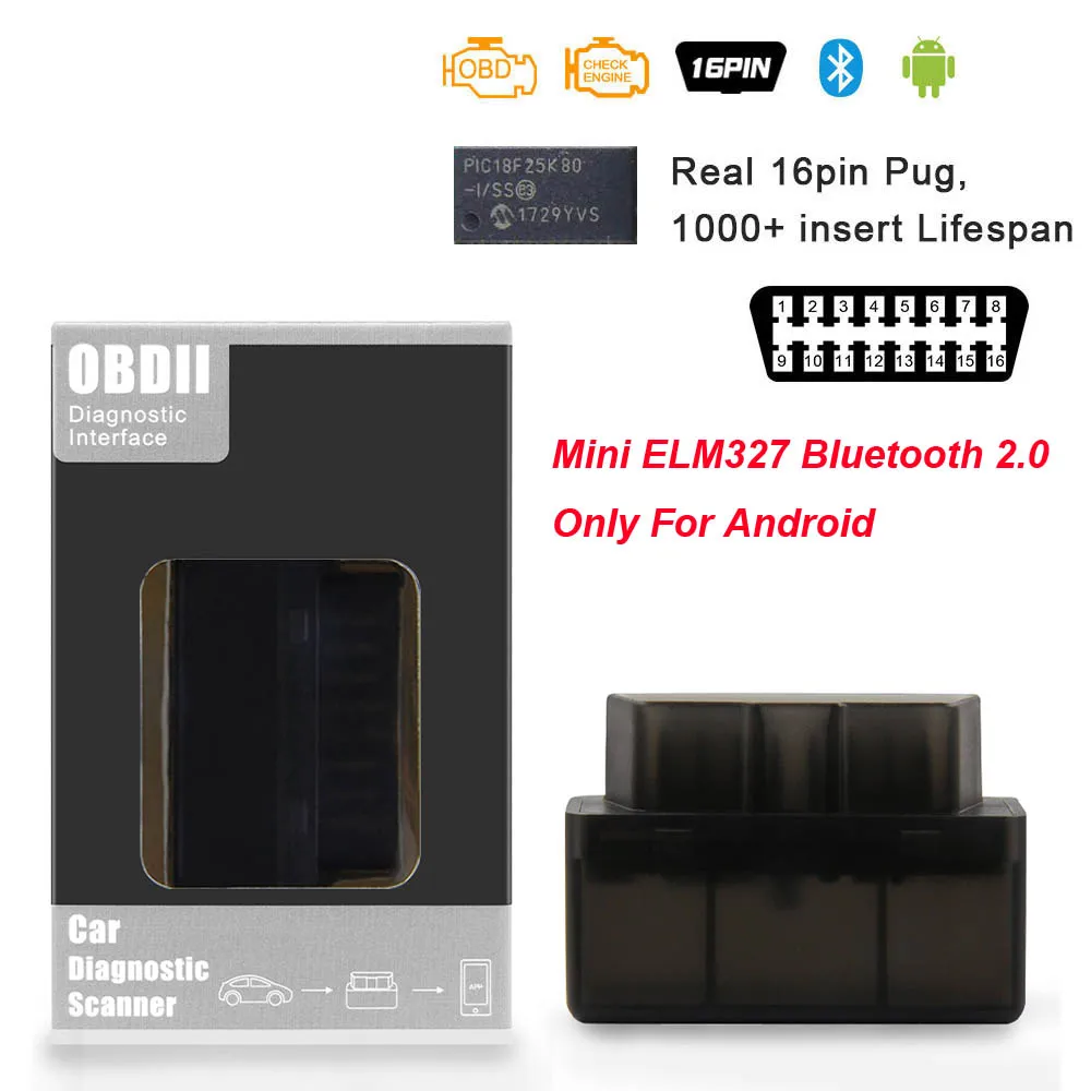 Супер Мини ELM 327 V1.5 PIC18F25K80 obd2 сканер Bluetooth ELM327 V1.5 1,5 OBD 2 OBD2 автомобильный диагностический инструмент ODB2 считыватель кодов - Цвет: Black 1pcb Carton