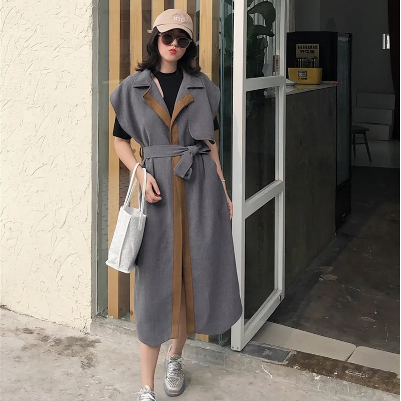 

[EWQ] 2019 Spring Autumn New Pattern Lapel Sleeveless Hit Colors Lace Up Fashionable Long Loose Vest Women Fashion Tide AH10213M