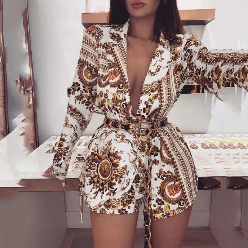 

Plunge Colorful Print Long Sleeve Rompers Womens Jumpsuit Sexy Club Party Playsuits Vintage Short Romper