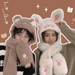 Fashion Winter Cute Cartoon Bear Lamb Plush Caps Gloves Scarf Set Warm Thickened Ear Brown Hat For Women Girl New Year Gift