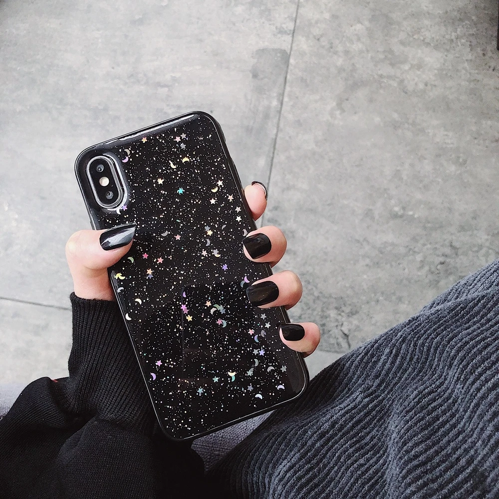 Для iPhone 11 Pro 6 6s 8 7 Plus XR 10 X XS Max чехол блеск Bling Star Moon блестки мягкий ТПУ прозрачный силиконовый роскошный чехол для телефона - Цвет: Black