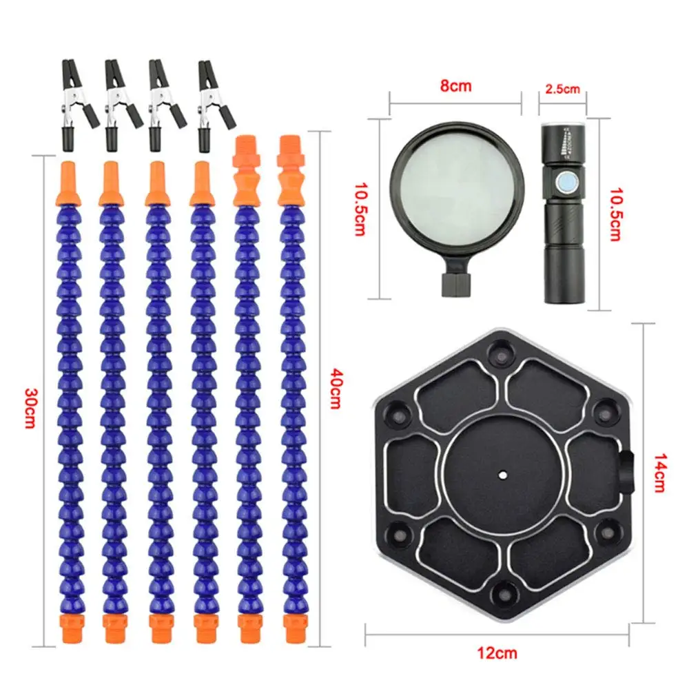 Magnifying USB Flashlight Soldering Station Third Helping Hand Holder Multi Welding Hand Tools with 6 Flexible Arms Black/Blue