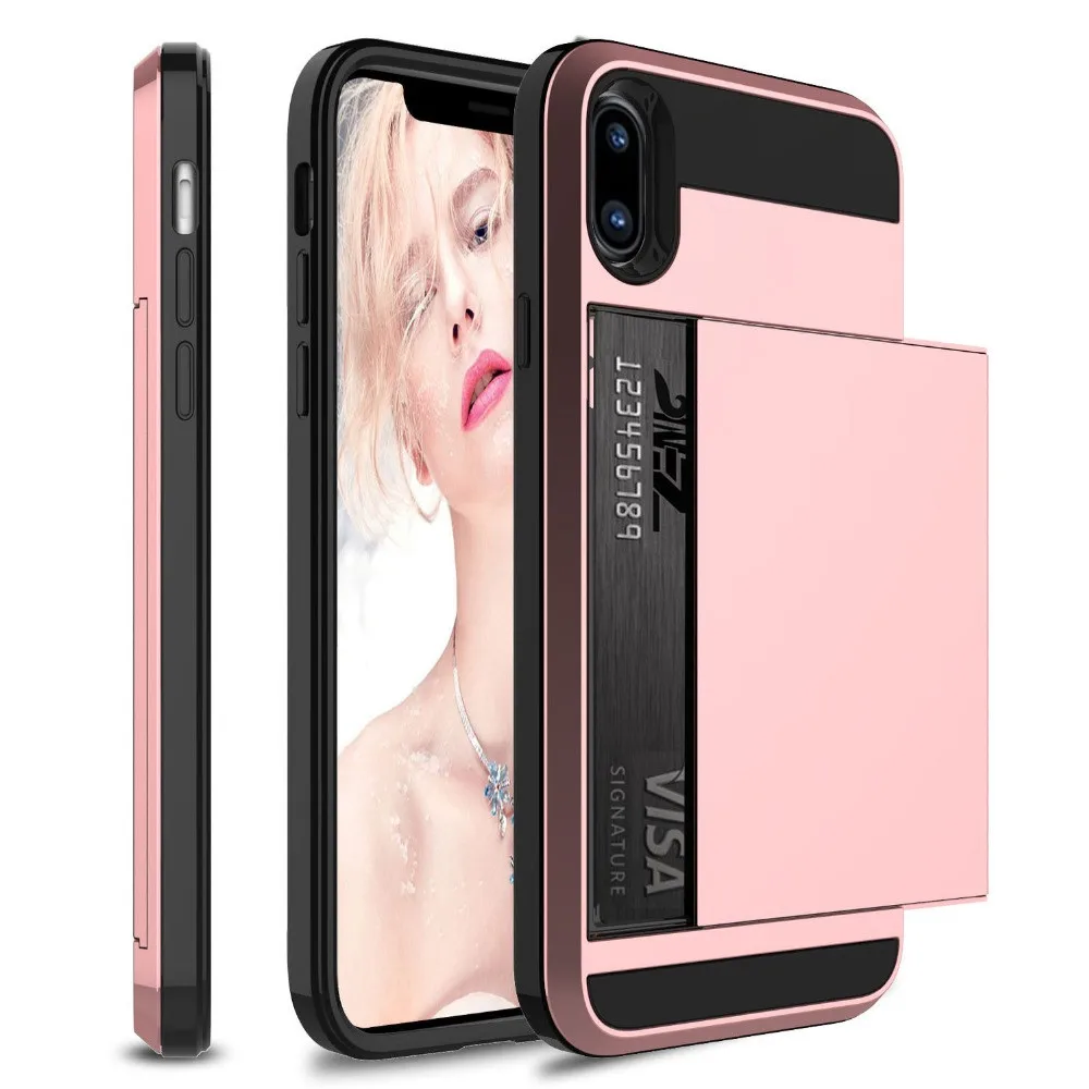 Гибридный защитный чехол для iPhone 8, 7, 6, 6S Plus, кошелек, чехол держатель для карт, противоударный резиновый бампер, чехол для iPhone X, 10, 6, 6 S, чехол - Цвет: Rose Gold